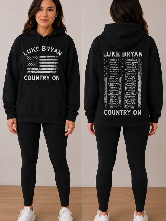 Port and Company Tops - Luke Bryan Country On Farm Tour 2023 Black Graphic Hoodie Large
